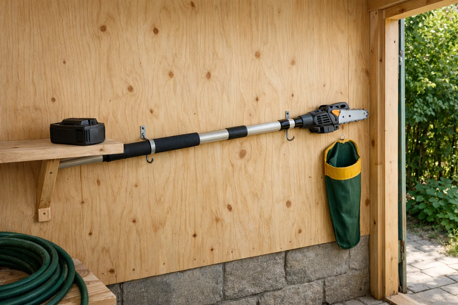 Batteristångsåg upphängd på krokar på en trävägg bredvid en hylla med batteri och en grön väska.