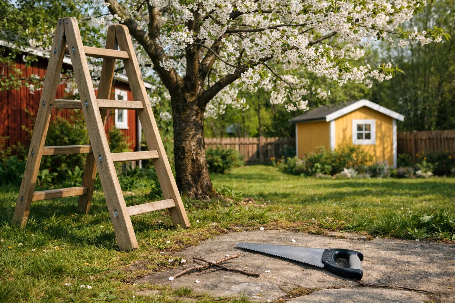 Stege och handsåg på marken under ett blommande körsbärsträd i en svensk trädgård.