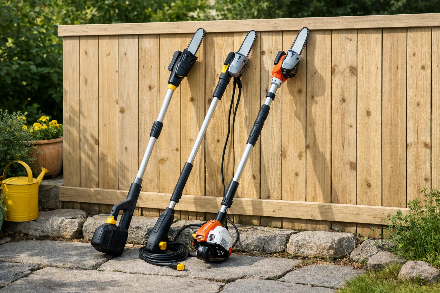 Tre stångsågar med motor lutade mot ett trästaket.