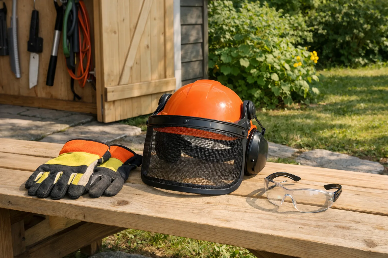Orange skogshjälm med visir och hörselskydd, sågskyddshandskar och skyddsglasögon på en träbänk framför ett redskapsskåp.