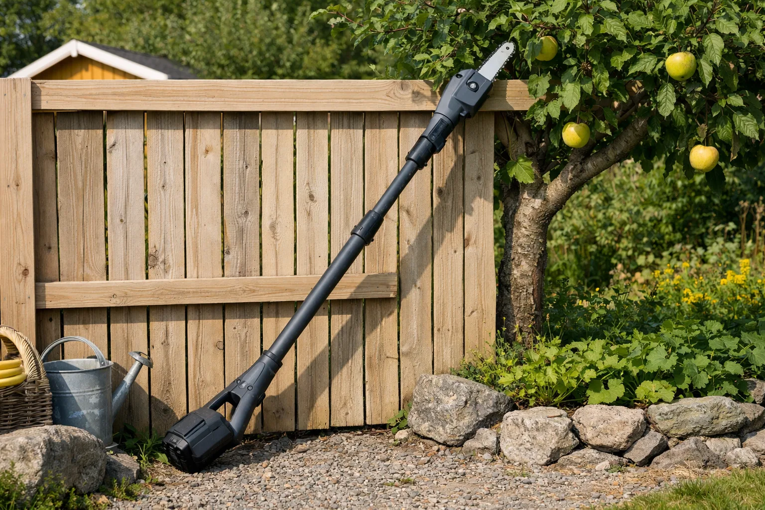 Batteridriven stångsåg vid ett staket.