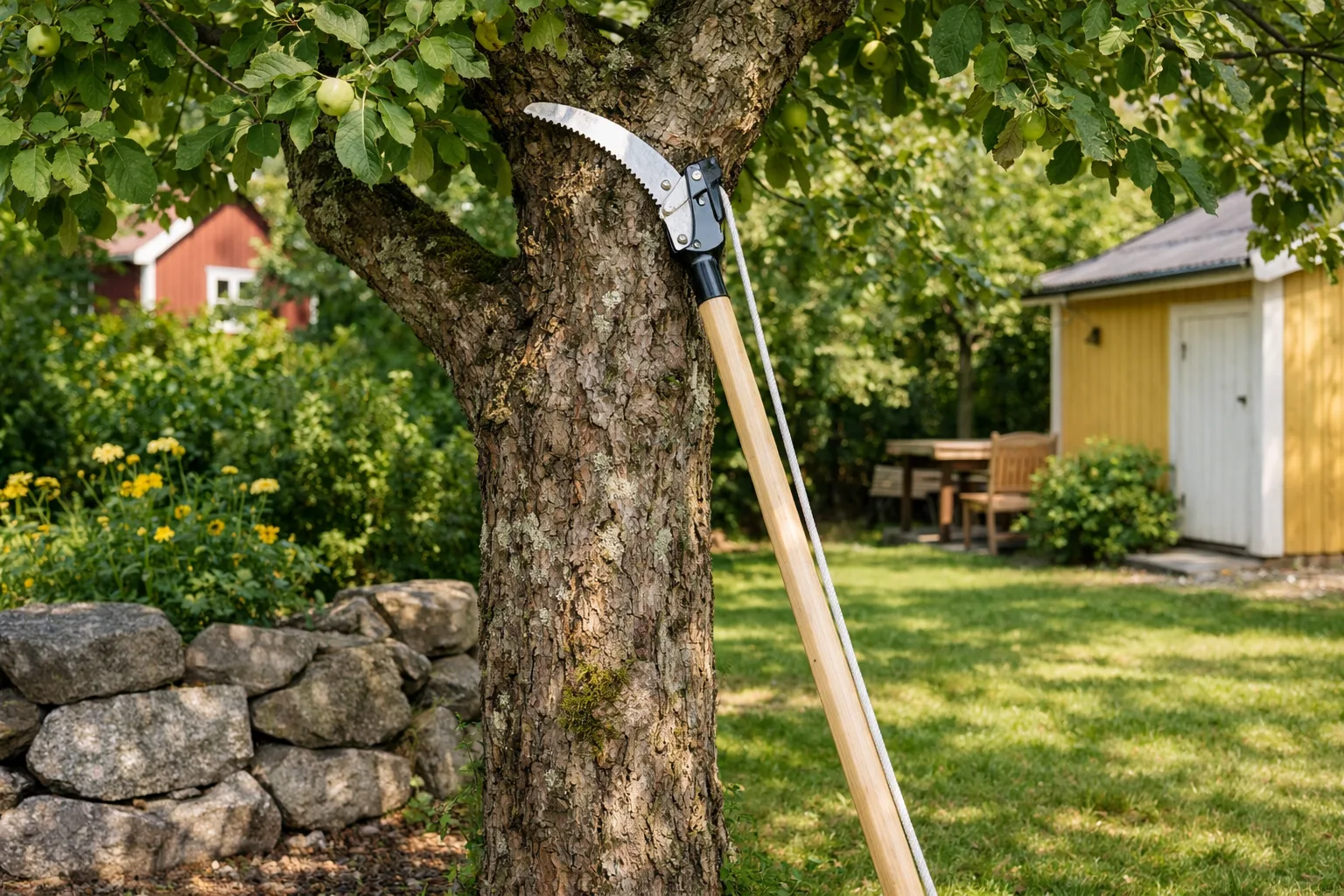Manuell stångsåg lutad mot ett äppelträd.