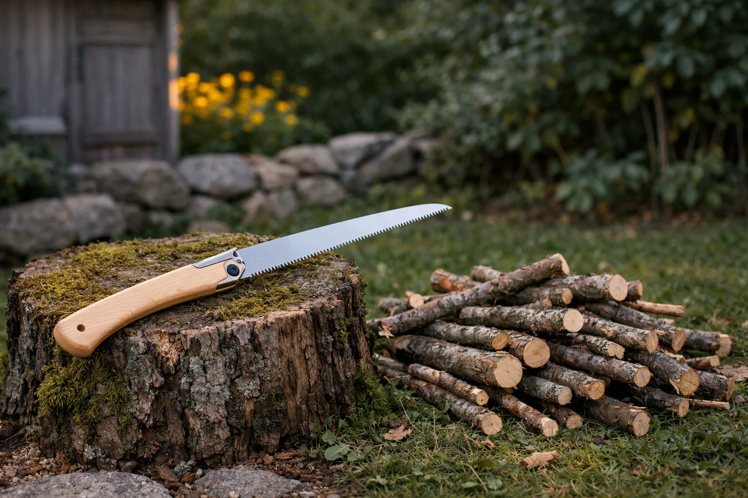 Fällbar japansk handsåg på en stubbe.